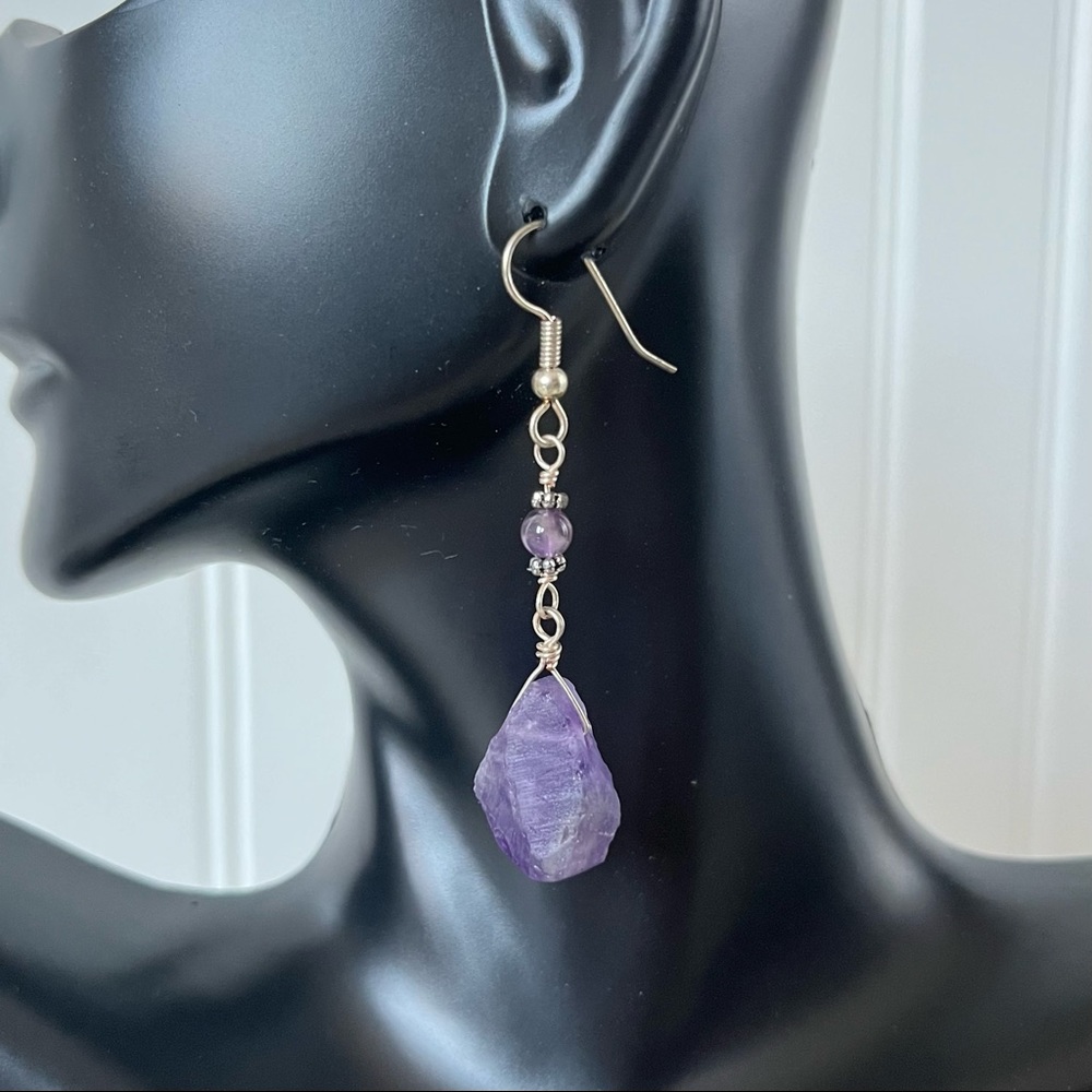 Rough-cut teardrop & beaded amethyst earrings